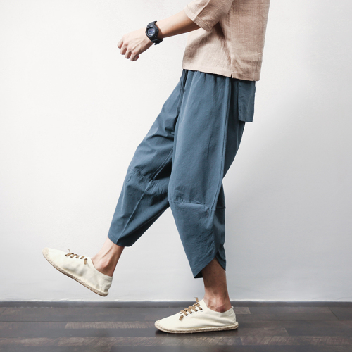 Flax Chinese breeze sport trousers, legs, cotton flax trousers, large size men's seven-point Harun trousers lanterns