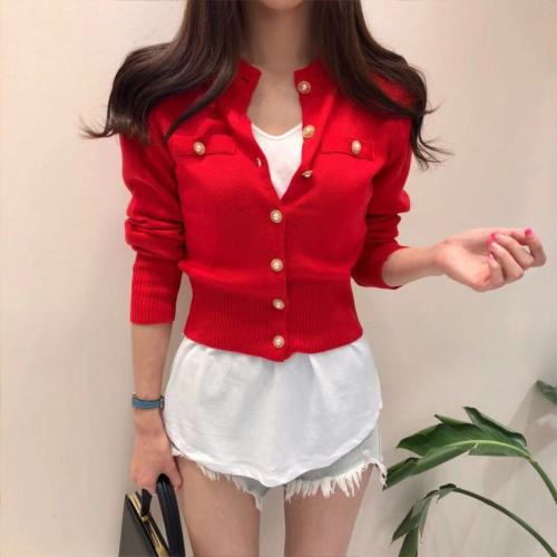 Chic Korean Baitao Style Fashion Single-row Button Knitted Sweaters Small Open-topped Women
