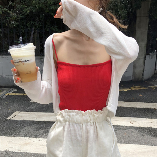 Korean version sunscreen cardigan short loose tie pure color long sleeve 100-tie knitted sweater