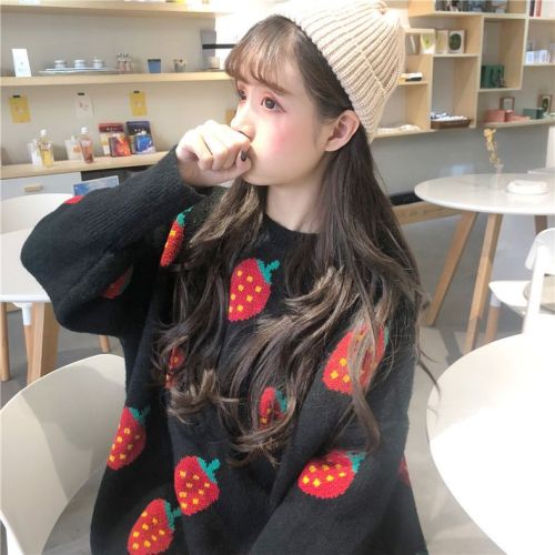 New autumn and winter women's Korean loose lazy strawberry thick net red pullover sweater sweater jacket