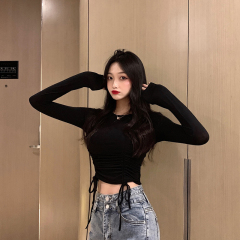 Real-price Hong Kong-style autumn-winter sexy self-cultivation bottom T-shirt women pull rope, expose umbilical cord, wear jacket inside and outside long sleeves