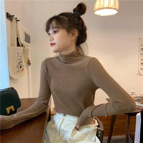 Real price real shot autumn and winter solid color basic mix and match classic pile neck long sleeve bottoming blouse woman