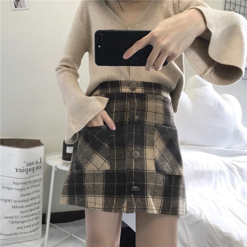 Real-price Korean spring dress with high waist and thin checked half-length skirt