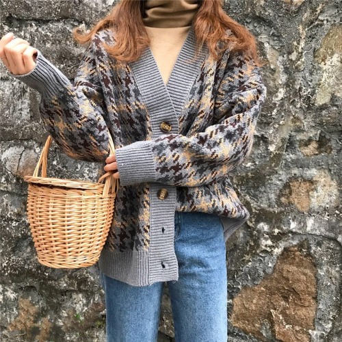 Autumn Korean retro collar thousand bird pattern thickened knitwear coat medium length long sleeve sweater cardigan woman