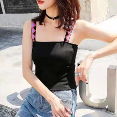 Simple and versatile solid color knitting elastic contrast suspender vest for women