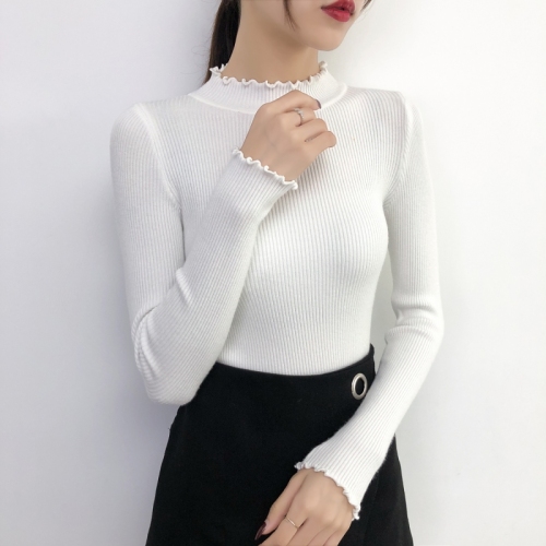 New slim fit half high collar Pullover women's long sleeve with tight wood ear edge knitting bottoming shirt in autumn and winter 2019