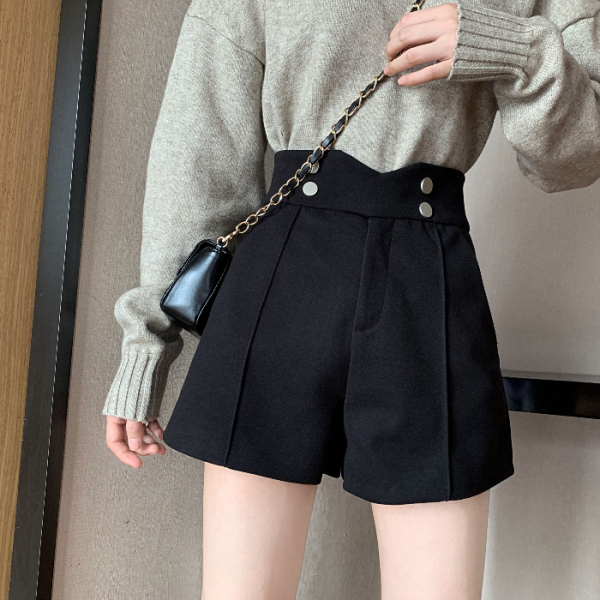 Woolen shorts women's autumn and winter new Korean version high waist show thin and thick woolen word wide leg boots pants women