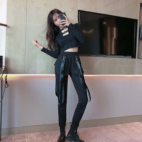 Real shot super hot fashion sexy jazz dance short open navel T-shirt + high waist with thin overalls suit