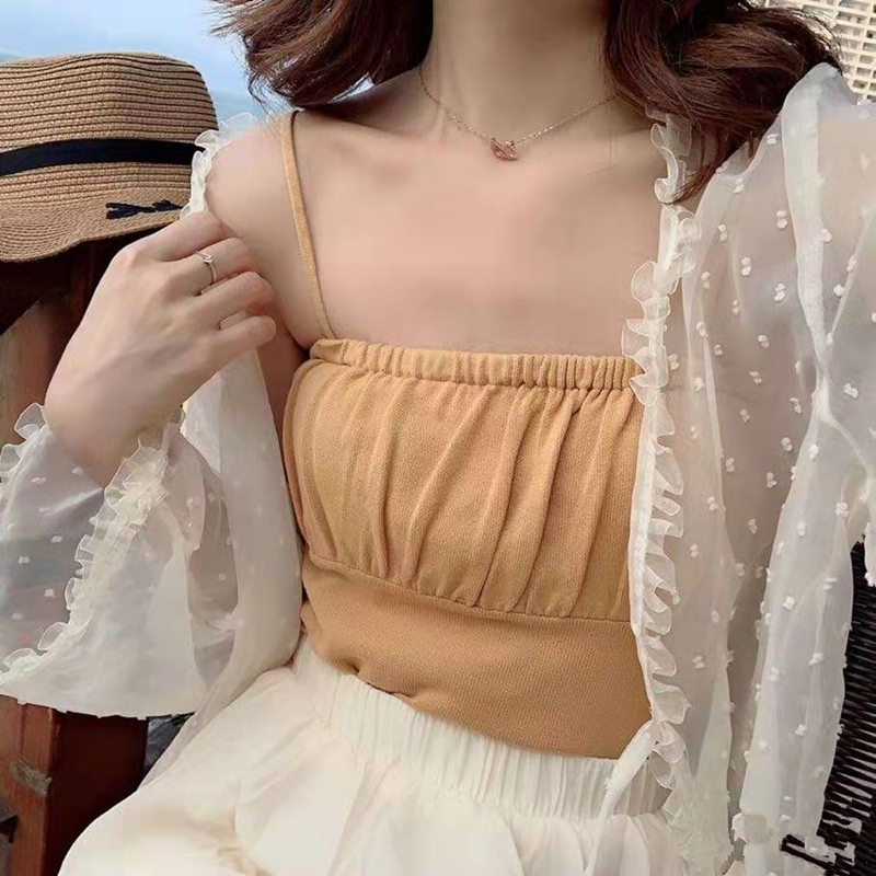 New pure color small elegant pleated bra and knitting suspender top for women