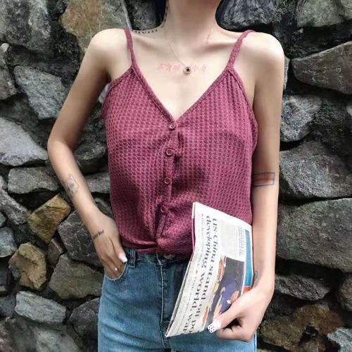 New Hong Kong style retro knitted open navel short suspender vest top for women