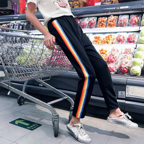 Korean version of student striped casual pants Rainbow sportswear women's nine-minute pants with loose feet