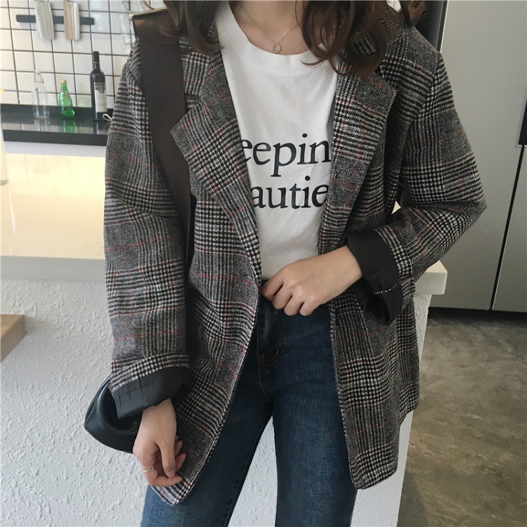 Quality inspection report actual photo of retro Plaid Blazer coat women's straight tube single breasted casual woolen suit