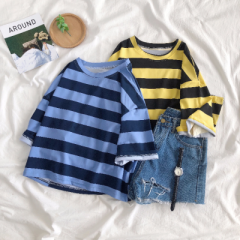 Korean loose stripe open navel short t-shirt female student lazy short sleeve
