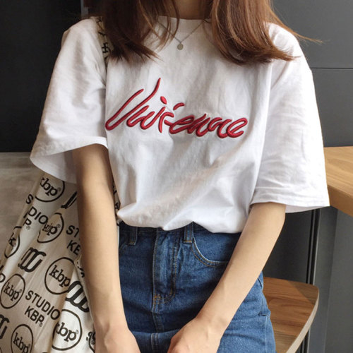 Summer chic embroidery loose BF original dormitory wind short sleeve T-shirt white student jacket trend