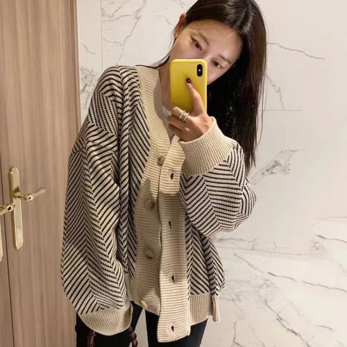 Korean chic retro lazy V-neck single-row button loose irregular diamond texture Cardigan Sweater Jacket
