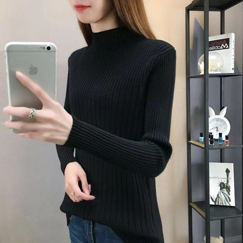 Semi-high collar, slim knitted sweater, underwear with plain bottom shirt, long-sleeved Korean version of women's fashion in 2019