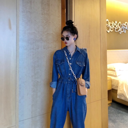 Real photo, real price, early autumn wide leg work clothes, long sleeve pockets, loose jeans, one-piece pants, belt for free
