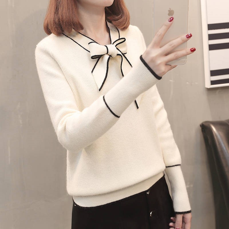 Bow, Korean version, slim fit, autumn and winter bottoming, knitwear, new temperament, celebrity, sweater, pullover, blouse, female