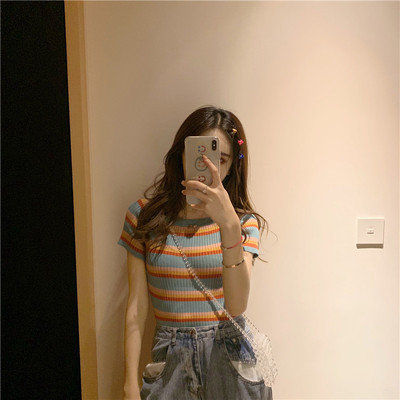 Sexy short sleeve Knitted Blouse with one-character shoulder stripe sheath