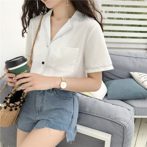 Short-sleeved shirt with retro style and real price, women's suit collar, casual simple jacket and white tie are thin