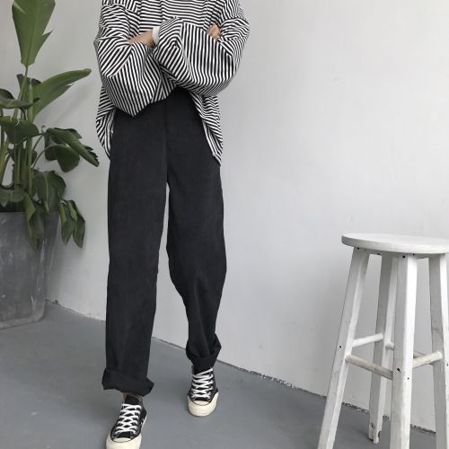 Real-time high-waist corduroy sailor breeze trousers wide-legged pants in black/apricot colors