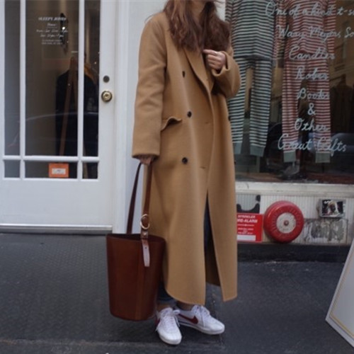Korean French retro double breasted wool coat suit collar long coat