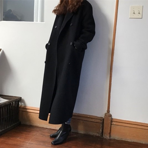 Korean French retro double breasted wool coat suit collar long coat