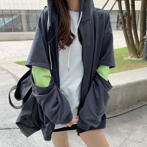 Real photo real price women's fashion loose Korean lazy fake two color contrast hooded zipper coat Long Sleeve Top