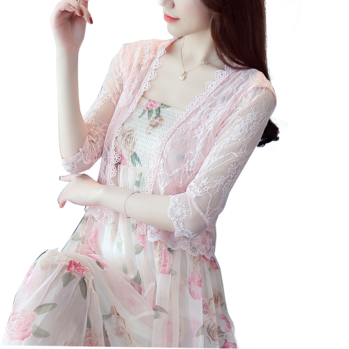 Korean Summer Dresses, 2018 Summer Women's Clothes, Short Slim Canvassed Sunscreen Shirt, Lace Baituan Open Shirt, Small Shawl