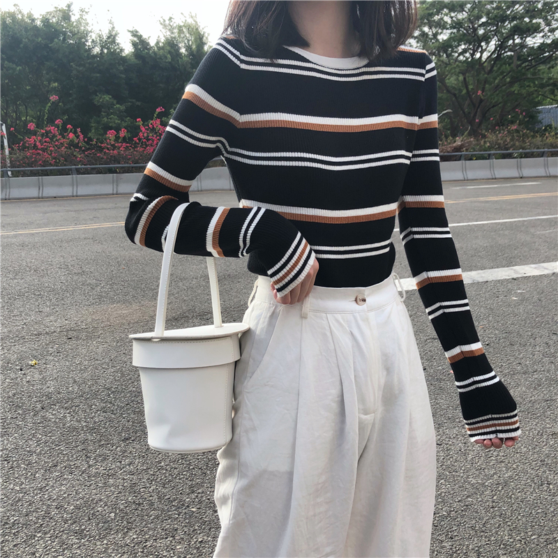 Real photo, real price, slim, contrast color, stripe, knitted base coat, all-around top girl