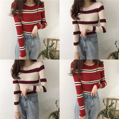 Slender and Long Sleeve Knitted Sweater with Matched Coloured Round-collar and Elastic Strength