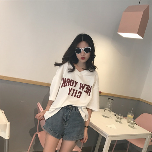 Official Korean version of Chic Harajuku Style Simple V-collar printed 100 sets of short-sleeved T-shirt undercut 65/35 cotton