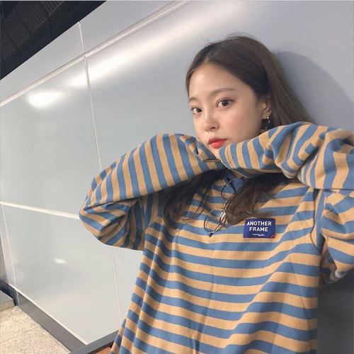South Korean autumn dress with stripe long sleeve T-shirt loose set head