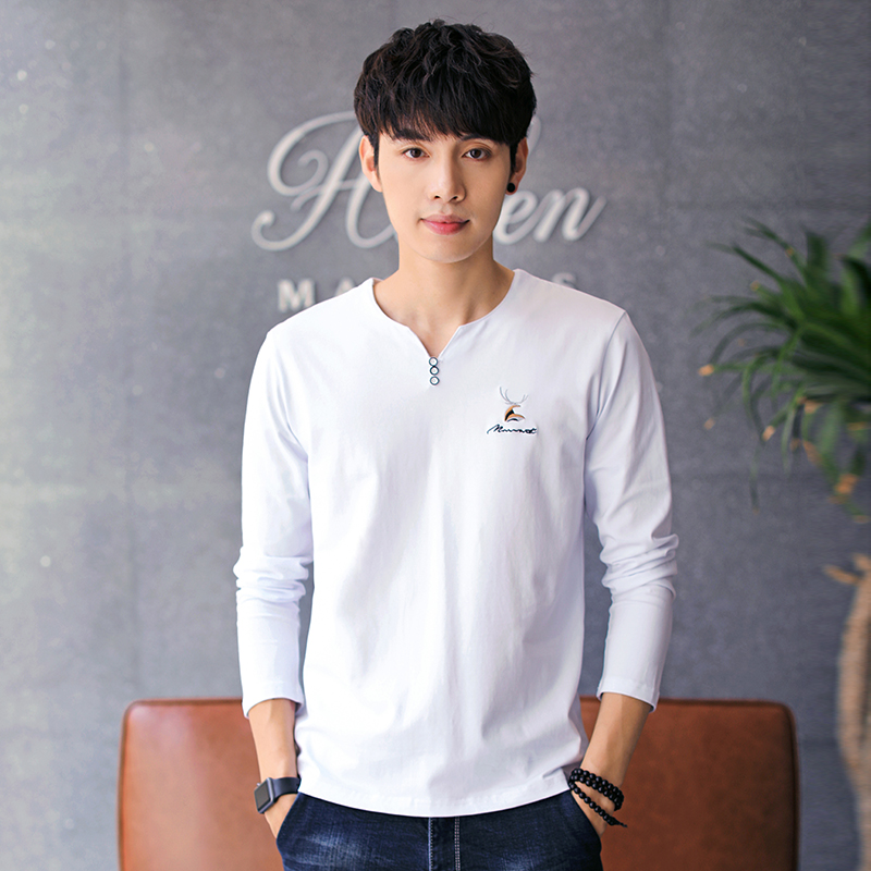 Fall 2019 Men's V-neck Long Sleeve T-shirt Ice Porcelain Cotton Fashion Leisure Embroidery Underwear