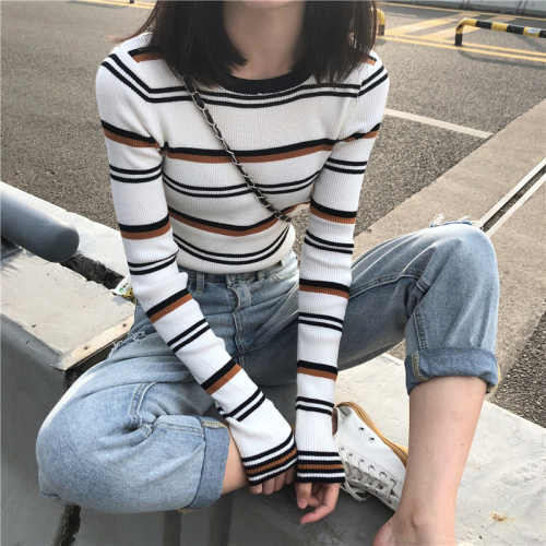 Real photo, real price, slim, contrast color, stripe, knitted base coat, all-around top girl