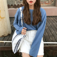 New Autumn 2018 Women's Fashion Creative Commuter Speaker Sleeve Round Colour Long Sleeve Loose Stitching Korean T-shirt