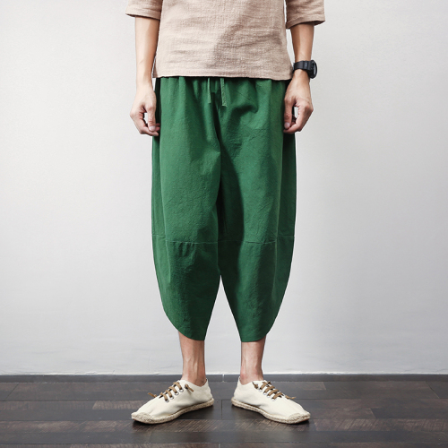 Flax Chinese breeze sport trousers, legs, cotton flax trousers, large size men's seven-point Harun trousers lanterns