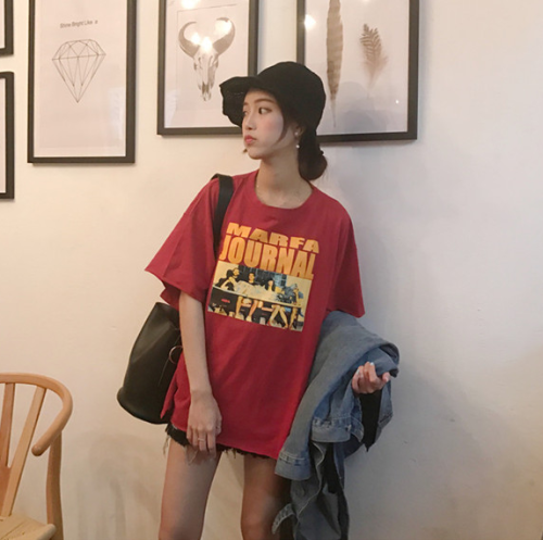 Quality Inspection ~Real Price Recovered Ancient Portrait Letter Printed Loose Irregular Ribbed Short-sleeved T-shirt