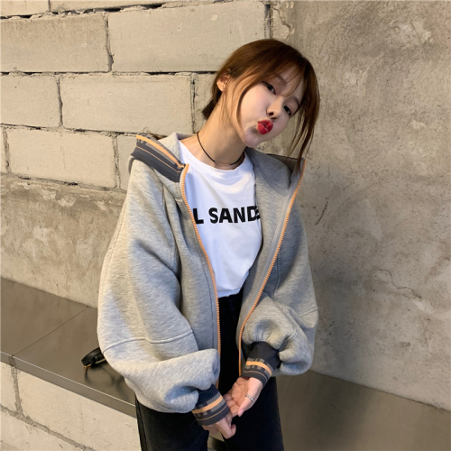 Real photo real price new style sweater in autumn and winter color contrast zipper hooded Hong Kong Style Hooded Coat fashion