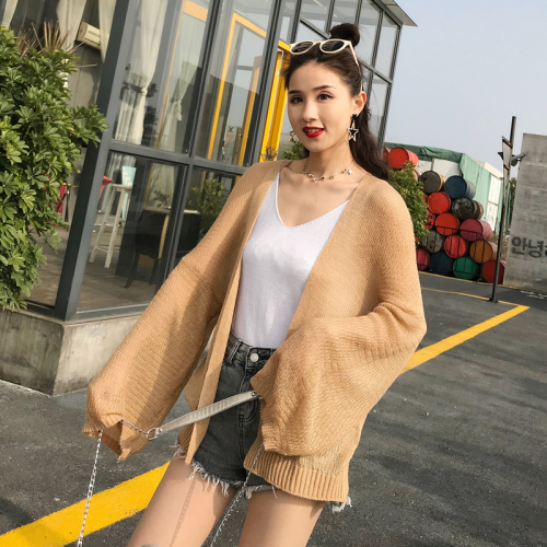 Spring and autumn Hong Kong style retro style Slouchy thin long sleeve T-shirt with thin sunscreen cardigan