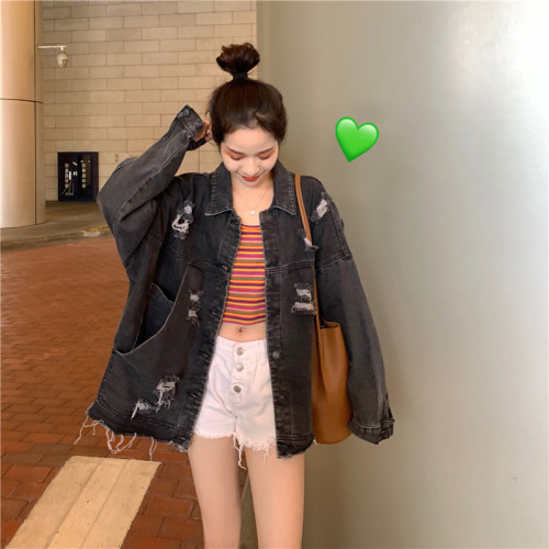 Real price hollow denim jacket female loose student Korean version of the new 100 sets of short jeans
