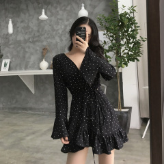 Chic Early Autumn New Fashion Temperament Sweet Point Lotus Leaf Belt Belt Korean Edition Dress Girl 2018