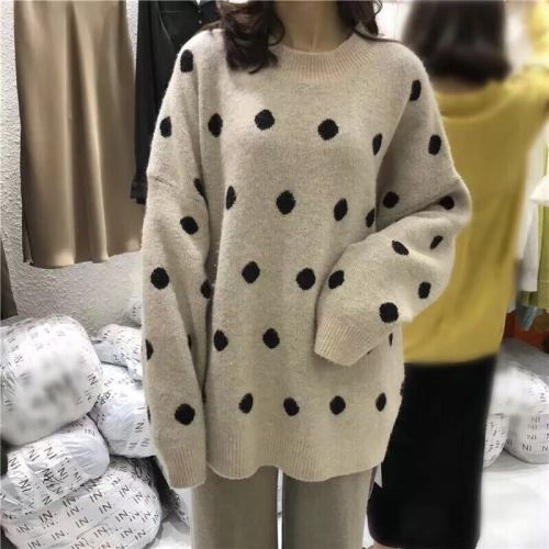 South Korea autumn and winter new loose and versatile Polka Dot round neck long sleeve Pullover Sweater bottoming blouse for women