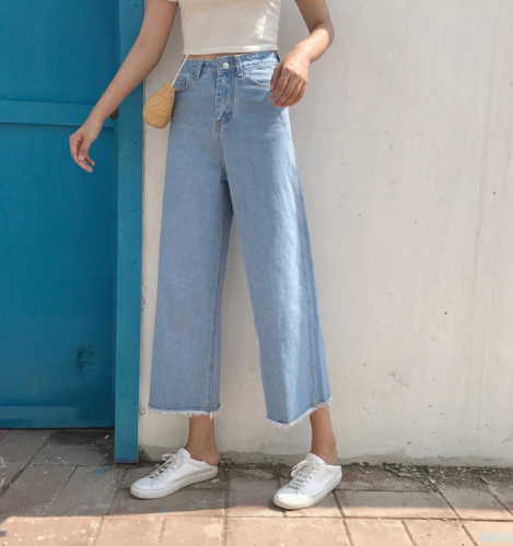 Actual Shot of 2017 New Type 100-Belt High-waist Jean Broad-legged Pants with Loose Hair Edge and Nine-minute Pants