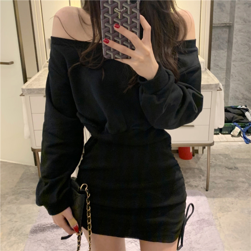 Real picture one line off shoulder sexy waist show thin wrap hip short skirt drawstring pleated long sleeve bottom dress female