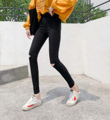 Real photo spring summer new black broken pencil pants Korean version show thin and tight little feet beggar PANTS LEGGINGS
