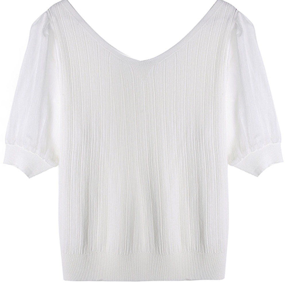 Summer New Bubble Sleeve V-neck Knitted Short White T-shirt Female Summer Short Sleeve Han Fan Baituan T-shirt