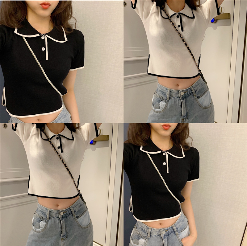 Real photo real price classic net red all-around collar color contrast Short Sleeve T-Shirt Top Female