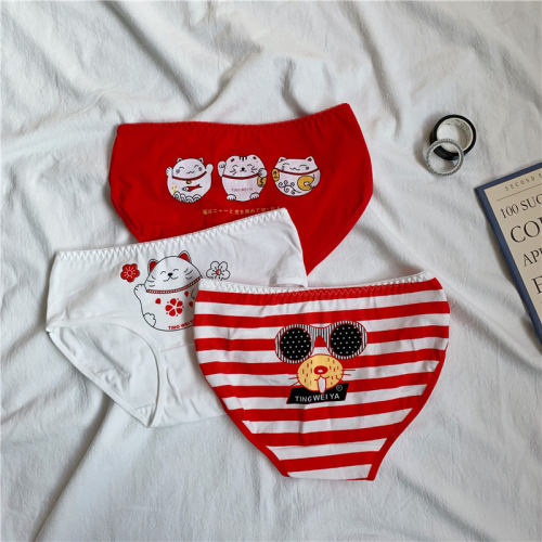 Real photo, real price, striped, Benming red underpants, female lovely cartoon, printed, girl's mid waist, hip and breathable briefs