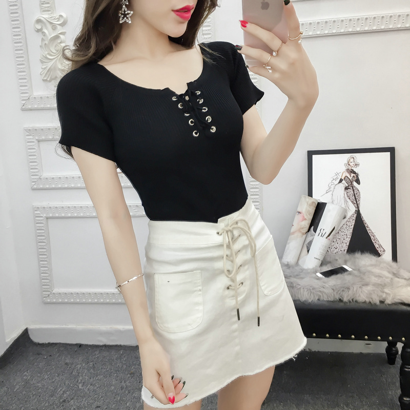 Actual Short Sleeve Knitted Shirt Blouse Pure Color Blouse